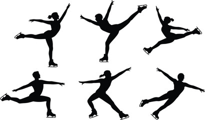 Silhouettes of figure skaters performing elegant moves on ice, artistic skating illustration, winter sport performance, competition, balance, grace, flexibility, athletic choreography, style