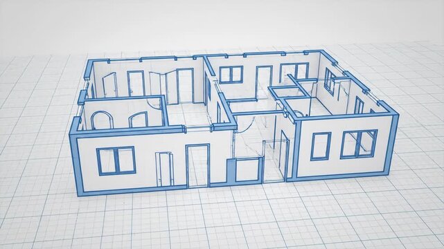 House Blueprint 3D Model - A 3D video of a house blueprint shows the floor plan with walls, doors, and windows.