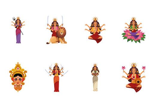 Colorful Navratri Goddess Hindu Festival Illustrations Set