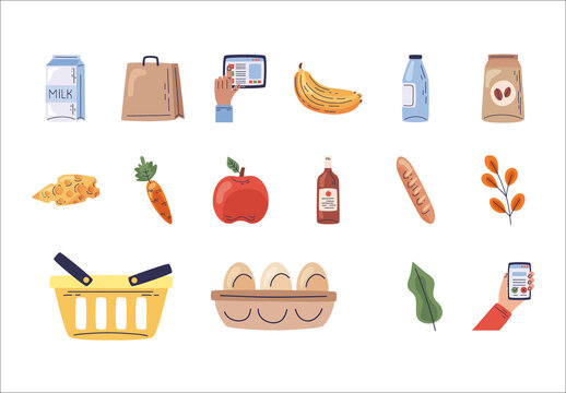 Colorful Grocery Online Shopping Icons Set