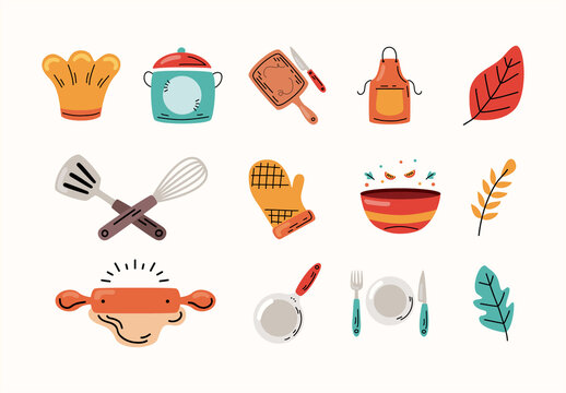 Orange And Blue Restaurant Cooking Illustrations Set