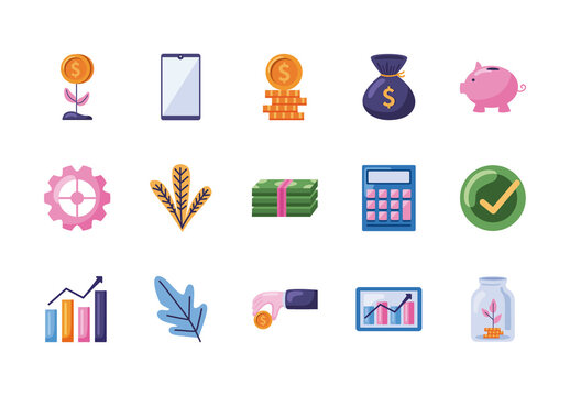 Colorful Saving Investment Money Icons Set