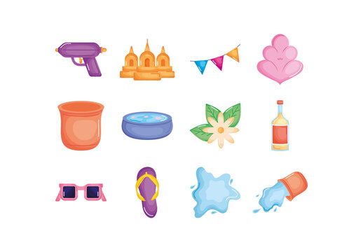 Colorful Songkran Water Festival Illustrations Set