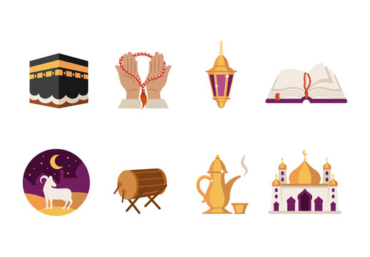 Purple And Yellow Umrah Islam Minor Pilgrimage Illustrations Set