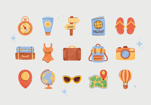 Colorful Travel Vacation Adventure Illustrations Set
