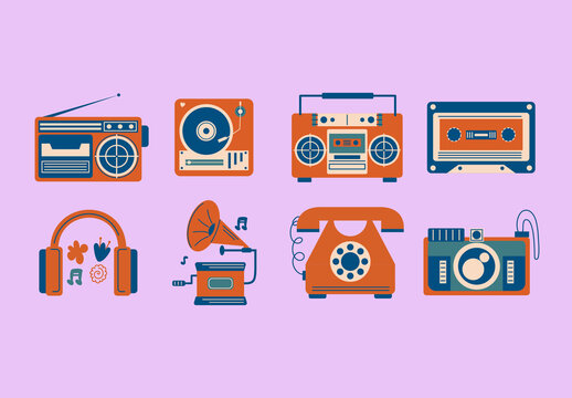 Orange And Blue Retro Vintage Music Illustrations Set