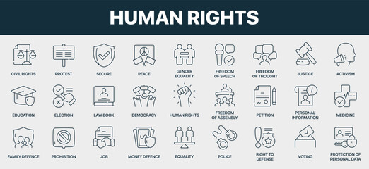 Human rights signed line icon collection. Includes justice, democracy, protest, gender equality, freedom of speech, activism, education, petition, personal data protection