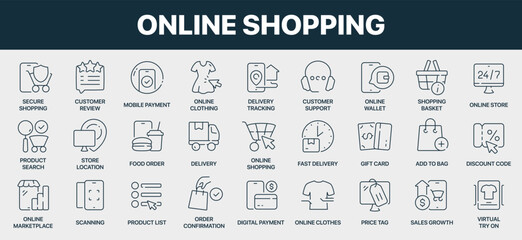 Online shopping signed line icon collection. Includes delivery, secure payment, mobile wallet, discount code, product search, store, food order, digital payment