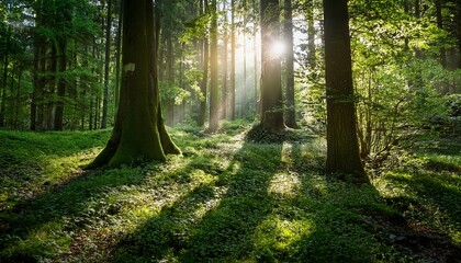Fototapeta premium A Serene Forest Scene With Sunlight Filtering Through Trees Highlighting Lush Greenery And Creating A Tranquil Atmosphere