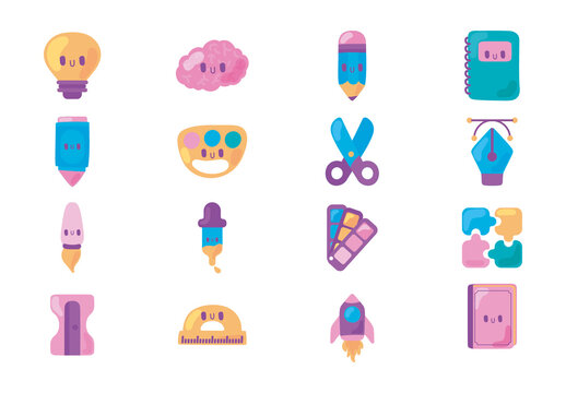 Colorful Creativity Art School Drawing Tools Icons Set