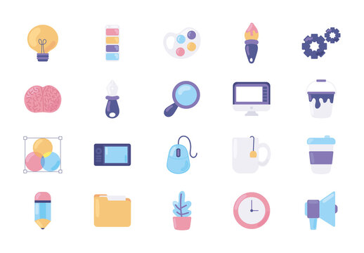 Colorful Creative Design Drawing Art Tools Icons Set