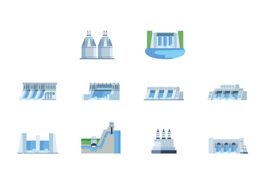 Gray And Blue Hydro Energy Renewable Electric Power Icons Set