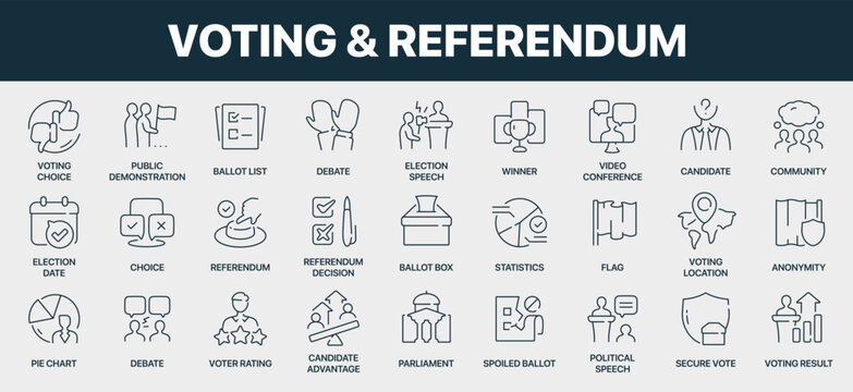 Voting and referendum signed line icon collection. Includes ballot, debate, candidate, community, parliament, statistics, secure vote, political speech, voting result