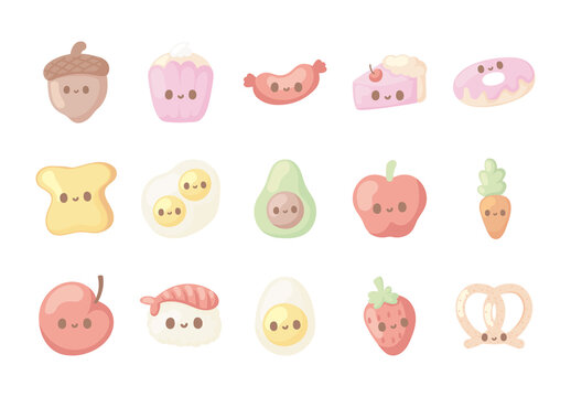 Colorful Cute Kawaii Food Illustrations Set