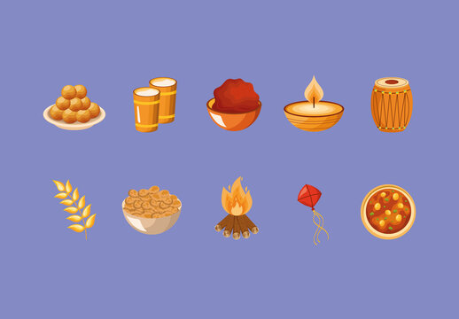 Orange And Yellow Lohri Festival Illustrations Set