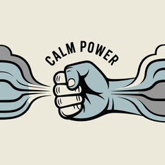 Fist clenched with calm power symbol emanating serene energy and controlling disruptive forces representing inner strength and mental control in a stylized graphic vector