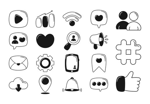 Black And White Social Media Doodle Icons Set