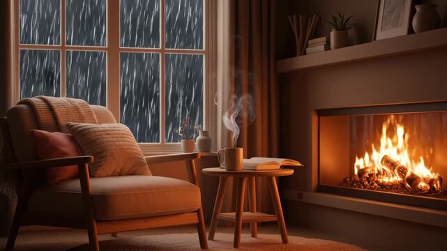 Cozy Fireplace and Rainy Window View - A warm and inviting scene of a living room with a crackling fireplace, a comfortable armchair, and a rainy window view.