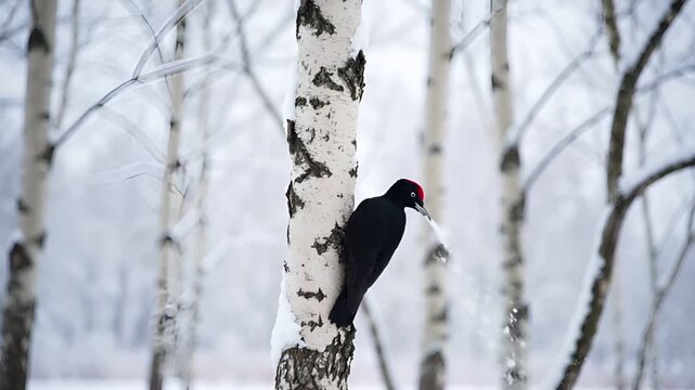 雪に覆われた裸木に、一羽のクロゲラがしっかりと止まっています。
柔らかく拡散した冬の光が差し込み、静かで自然な雰囲気を演出。
冬の野生鳥類と森の景観をミニマルかつ美しく表現した構図です。