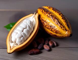 Opened cocoa pod with beans