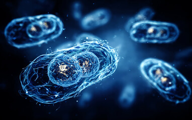 Close-up view of microscopic bacteria cells under blue light