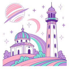 A whimsical line art illustration of a lighthouse and building on a hill with a planet, moon, rainbow, and stars, , creating a dreamy and magical landscape