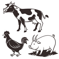 Stylized black and white illustrations of a playful cow sticking its tongue out a proud rooster and a smiling pig on grass
