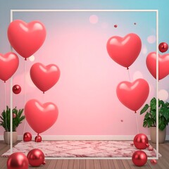 Heart-shaped balloons against a pink background