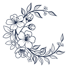 Elegant dark blue line art floral wreath design with blooming cherry blossoms and delicate leaves forming a decorative crescent shape on a white background © Forida