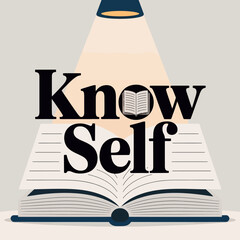 Illuminated open book inspiring knowledge wisdom and personal growth with 'know self' message under lamp vector