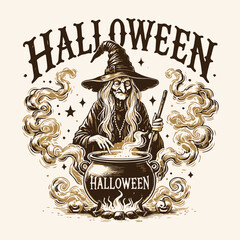 Halloween granny witch spelling with the cauldron vector design