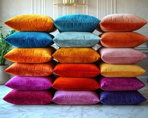 Colorful velvet throw pillows stacked neatly