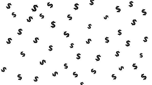 Black dollar symbol pattern animation on a white background. The symbols gently rotate and subtly scale in and out randomly at intervals. Representing finance, currency, and economics.