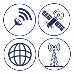 Four circular icons representing global communication technologies including a satellite dish broadcasting signals a satellite in orbit a terrestrial globe and a broadcast tower transmitting waves