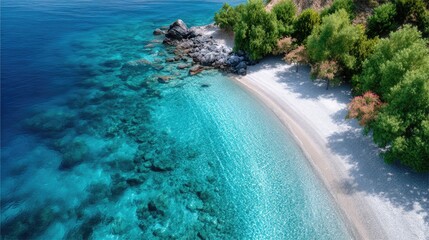 Turquoise Waters Meet White Pebble Beach with Green Flora in Bright Sunlight Coastal Paradise Aerial View
