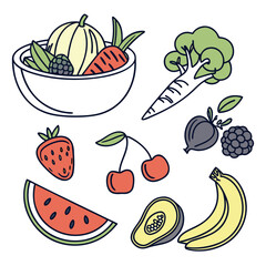 A vibrant collection of hand drawn fruits and vegetables including a bowl of produce broccoli carrots strawberries cherries watermelon avocado bananas and berries