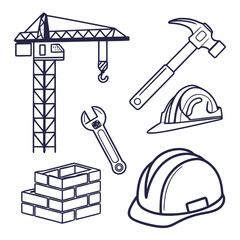 A collection of hand drawn construction icons including a tower crane hammer adjustable wrench bricks and hard hats on a white background