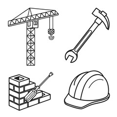 Construction site elements including a tower crane hammer wrench brick wall with trowel and hard hat presented as simple line art icons