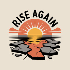 Stylized sunrise peeking over cracked earth symbolizing resilience and hope for a new beginning vector
