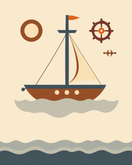 Sailboat sailing on gentle waves under a warm sun in a serene coastal scene filled with nautical elements