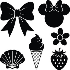 Black and white vector icons for summer and celebration featuring bow minnie ice cream strawberry flower shell