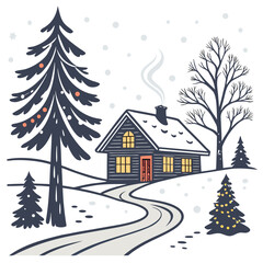 A cozy cabin nestled in a snowy winter landscape, surrounded by snowcovered trees and a winding path, creating a serene and inviting scene