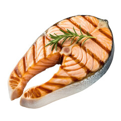 Delicious grilled salmon steak with rosemary isolated on transparent background