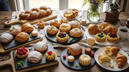 This vibrant overhead shot showcases an abundant and delectable spread of freshly baked pastries and gourmet desserts arranged beautifully on a rustic wooden table. The scene features a variety of gol - Powered by Adobe