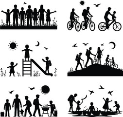 Family outdoor activities silhouettes vector illustration for recreation and togetherness design 100