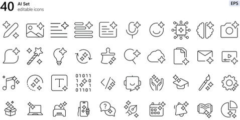 40 Icons AI (Artificial Intelligence) Set Minimal Line Vector Editable