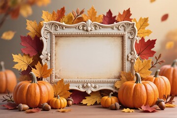 A vibrant and picturesque autumn scene featuring pumpkins, colorful leaves, and a beautifully decorative frame