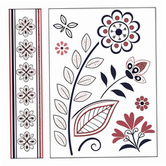 Folkloric floral arrangement featuring stylized flowers, leaves, and butterflies in a decorative, symmetrical design with a touch of whimsical charm and traditional motifs