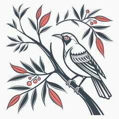 Elegant graphic illustration of a stylized bird perched on a branch with dark leaves and coral red accents against a light background