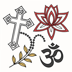 Collection of religious symbols cross, rosary, lotus flower, om symbol, representing diverse faiths, beliefs, and spiritual practices, vector art